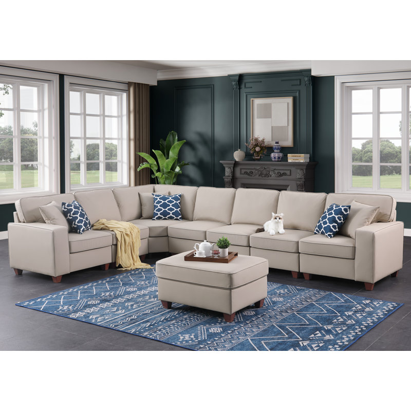 Canapé modulaire en cuir artificiel avec repose-pieds Shayle, Similicuir beige, H 35 po x l 151,25 po x P 33,25 po
