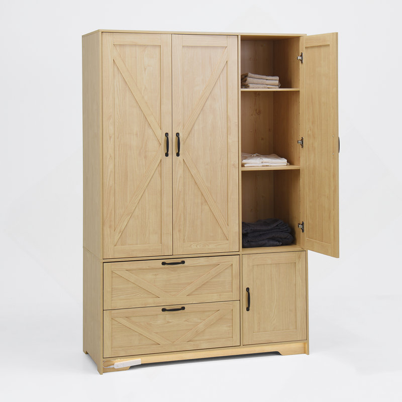 Garde-robe avec miroir, garde-robe à DEL avec portes et 2 tiroirs, armoire de rangement en bois avec tringle, tablettes réglables