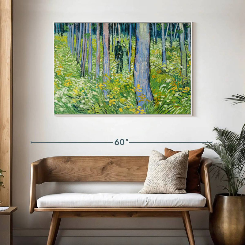 Sous-bois avec deux personnages, Cadre flottant blanc, 46 po x 31 po