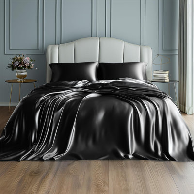 Bedsure Black Satin Sheet Set Queen Size - 4 Piece Silky Bedsheets with Elastic Straps & 15" Pocket (Queen, Black)