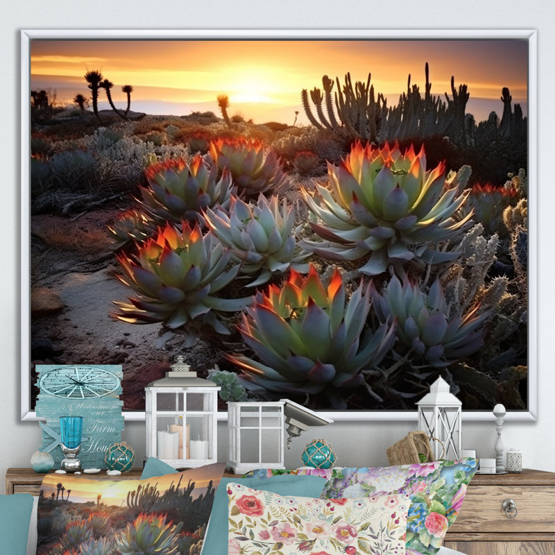 «Succulent Desert Cactus Field Burning Sunset III» - Art mural succulent, Cadre flottant blanc, H 16 po x l 32 po x P 1 po
