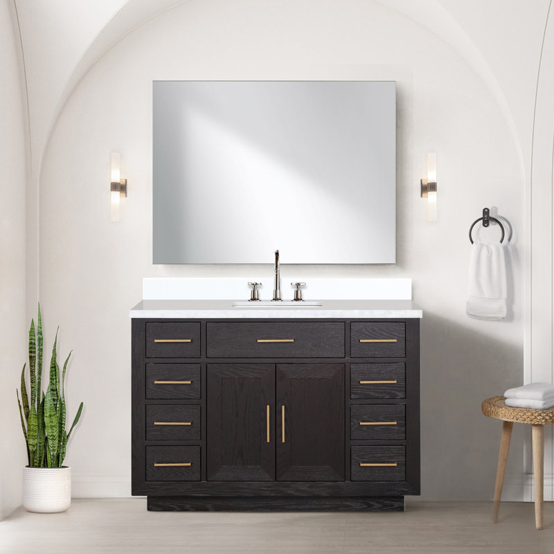 Ensemble de meuble-lavabo simple en chêne noir l 48 po x P 22 po, comptoir en quartz blanc et robinet