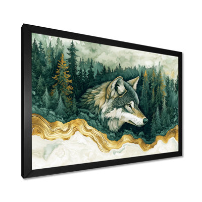 Loup en hiver, forêt, rivière à encre I - Art mural loup pour le salon