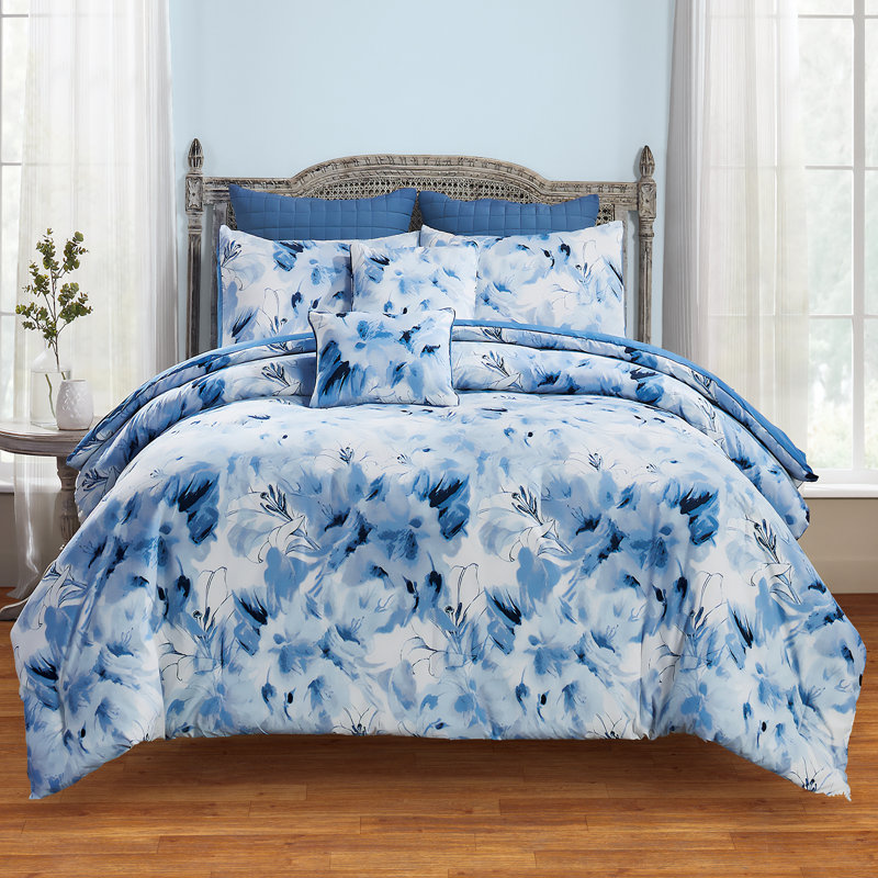 Queen Blue Floral Polyester Comforter Set