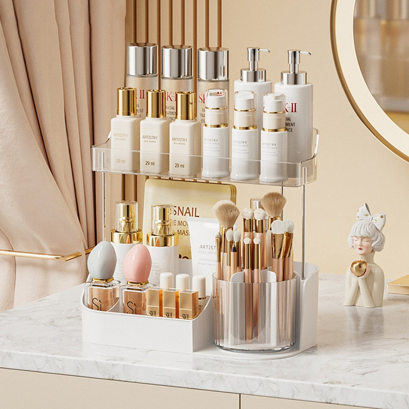 Boîte de rangement rotative pour cosmétiques à grande capacité 2 couches 360 °, Blanc