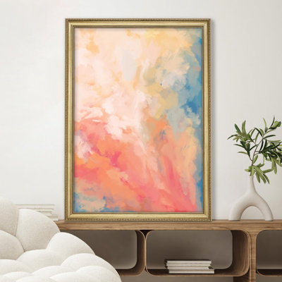 "Abstrait, pastel, orange, rose, bleu, contemporain, dégradé, illustration, encadré doré, décoration murale"