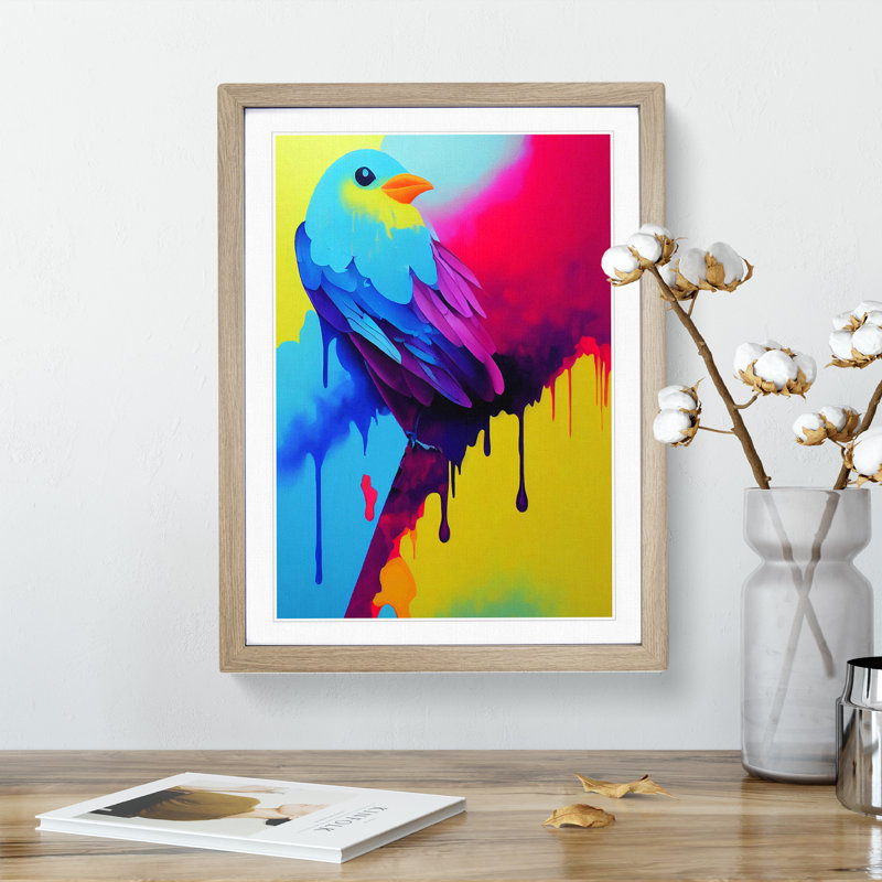 Bird Paint Drips No.3 - Wall Art, 48cm H x 36cm W, Oak Framed, White