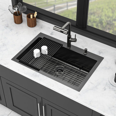 Évier de cuisine 30 po x 22 po à cuve simple en acier inoxydable noir de 10 po avec mode robinet double et distributeur de savon en mode aéré, revêtement Nano, guide d'installation