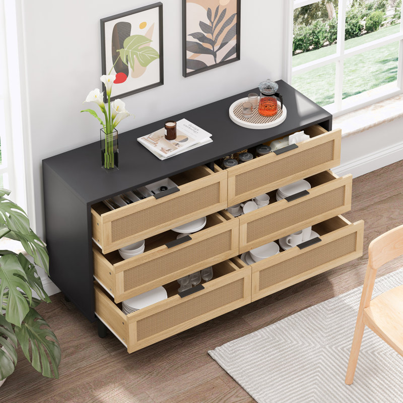 Rattan Wood Console Table With Drawer Storage, Black/Natural, 29.53" H x 51.18" W x 15.75" D