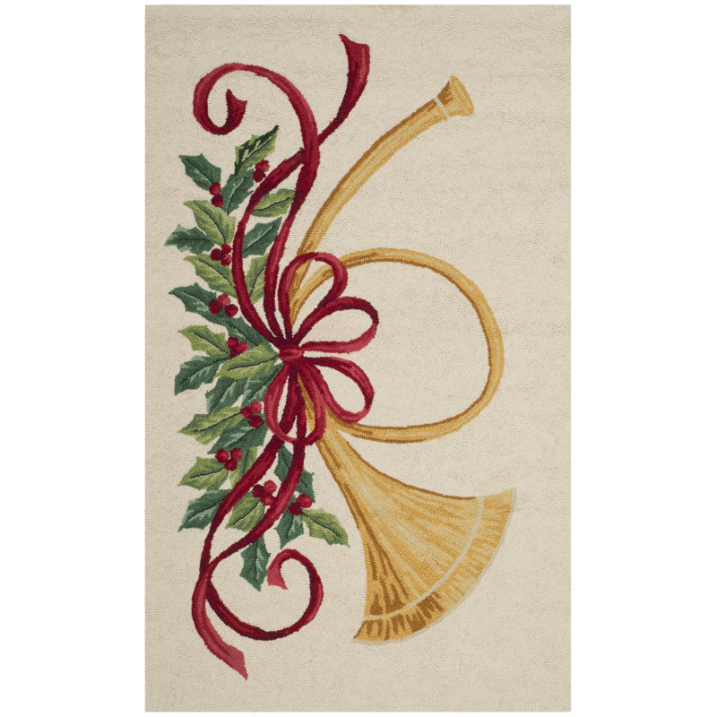 Timmons Posters Hand Hooked Wool Pile Floral Rug in Gold/Green/Cream, Rectangle 2' x 3'
