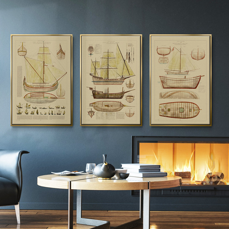 Antique Ship Plan I 3 pièces, Or, H 27 po x l 54 po