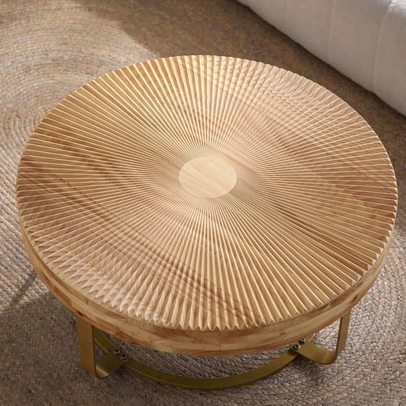 Modern Round Coffee Table Wooden Carving Pattern Coffee Table With Metal Legs For Living Room Reception Room Office, Gold