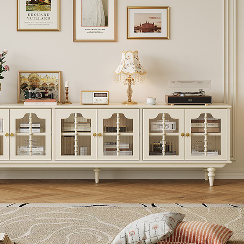 Meuble télé en bois de cerisier avec portes en verre nervuré, H 26 po x L 86,61 po x l 15,75 po