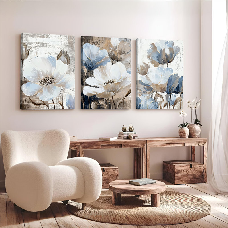 Tableau abstrait floral sur toile tendue (ensemble de 3), H 30 po x l 60 po