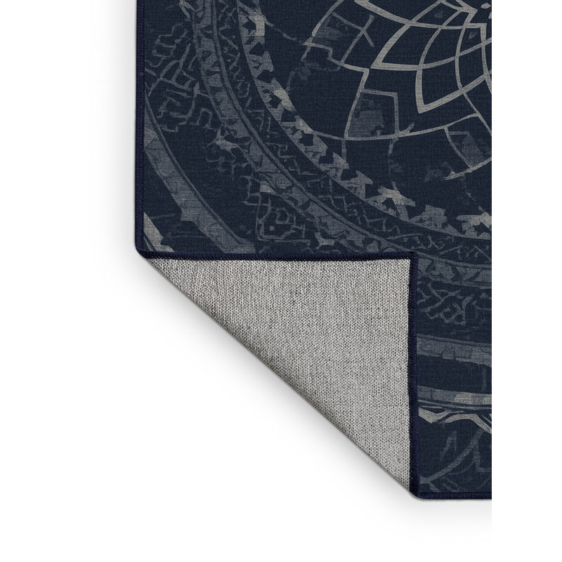 Machine Washable Arverne Global Inspired Geometric Shapes Rug in Gray – Navy Binding, 7x10