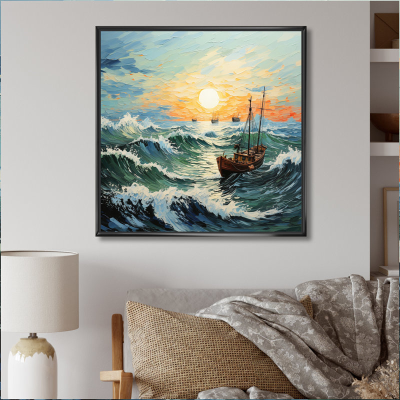 Paysage marin de Vangogh avec pêche I, H 24 po x l 24 po x P 1 po, Cadre flottant noir
