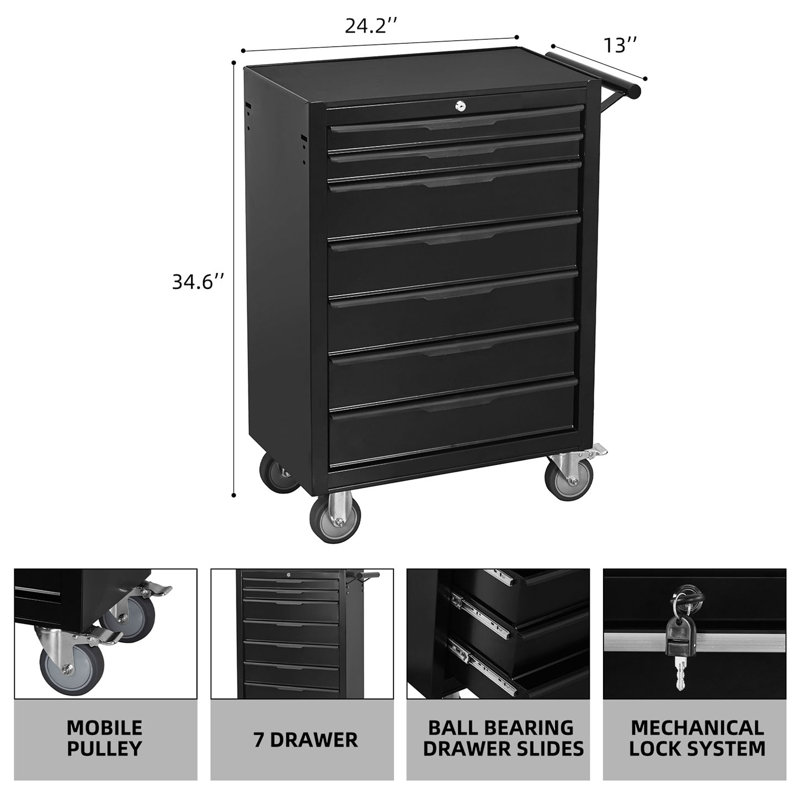 Armoire à outils 7 tiroirs à roulettes, coffre à outils de grande capacité avec roulettes et verrou cylindrique