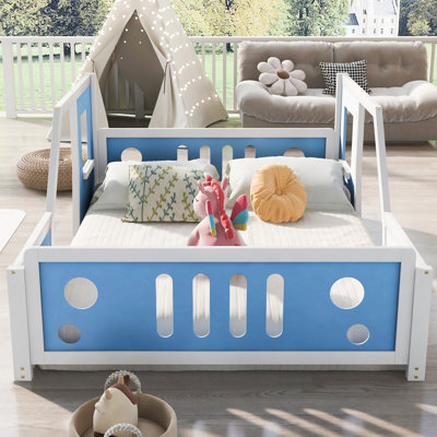 Full Size Classic Car-Shaped Platform Bed With Wheels,Blue by Breakwater Bay