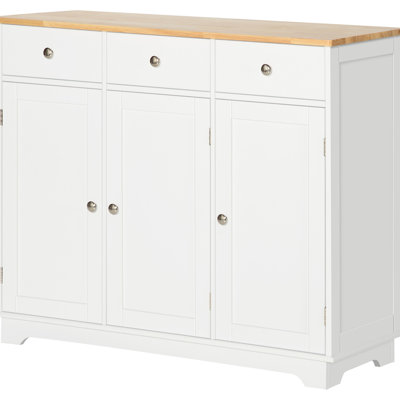 Sideboard Cabinet In White Hue - Solid Wood Countertop, 3 Drawers, Doors, Adjustable Shelf For Storage Modern Kitchen With