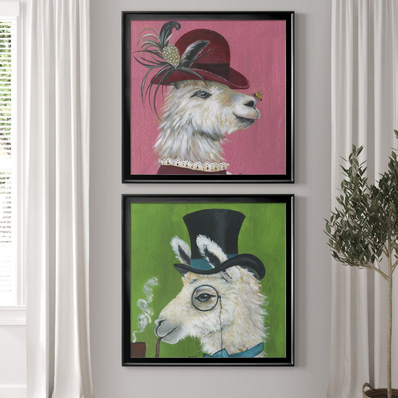 Lama et abeille - ensemble de 2 reproductions d'art graphique, Toile encadrée noire, Pas de tapis