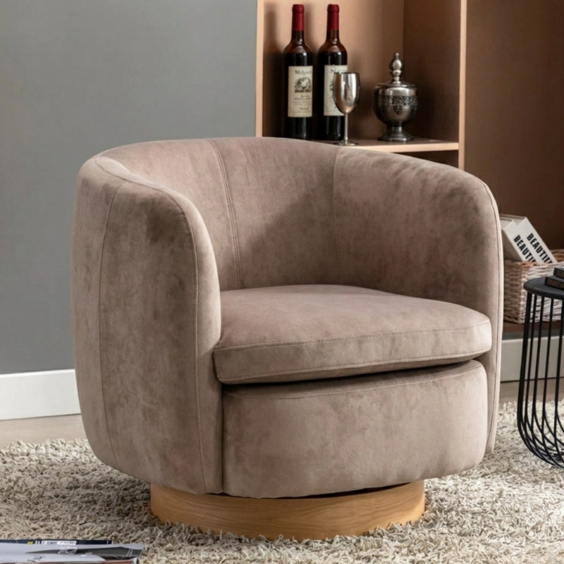35" Wide Modern Swivel Faux Leather Upholstered Barrel Chair, Velvet Khaki