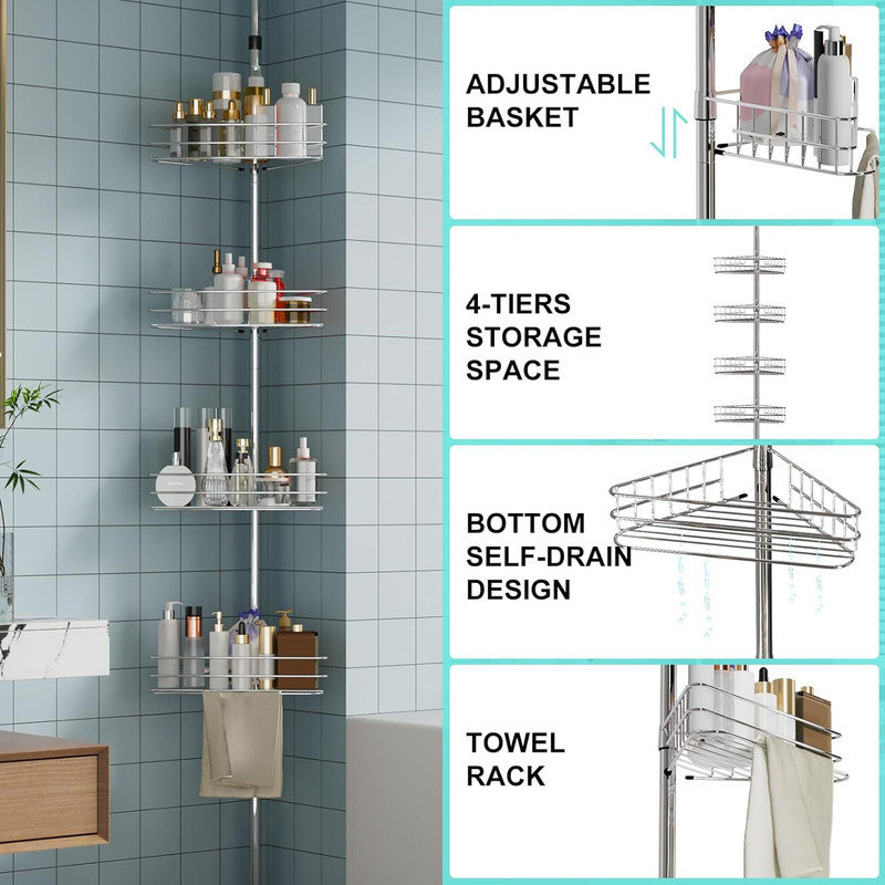 Serviteur de douche à barre de tension, caissons de douche en coin avec 4 tablettes de panier