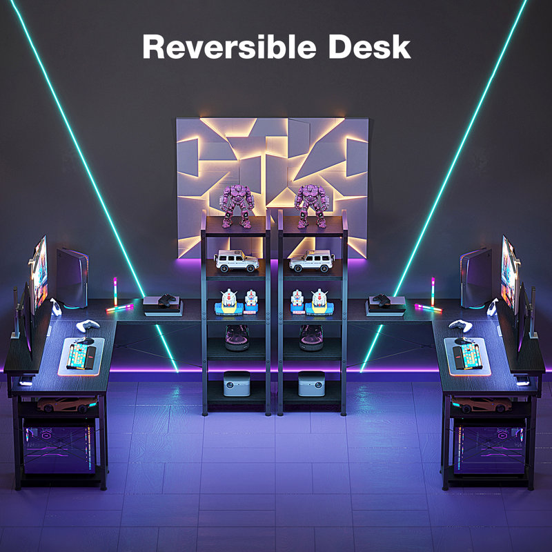 Amberann Adjustable L-Shaped Metal Base Computer Desk with Power Outlet