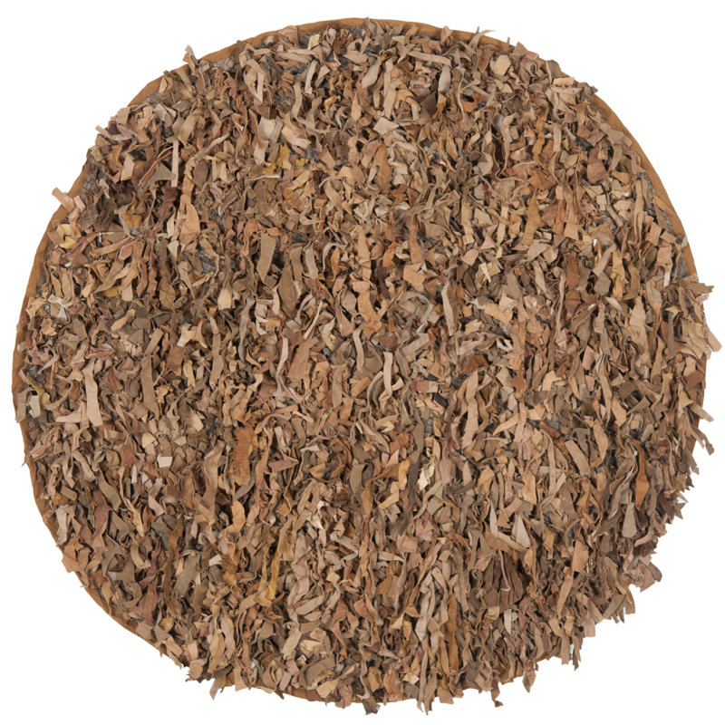 Leather Shag Handwoven Leather Solid Color Rug, Round 4'