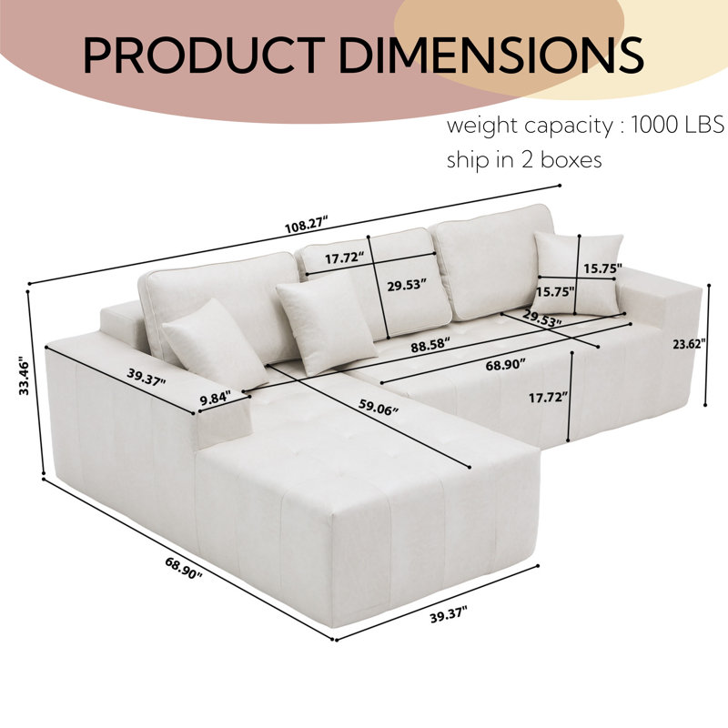 Canapé en L 108 po en similicuir rembourré, canapé modulaire à compression et méridienne d'angle - Assemblage sans outil