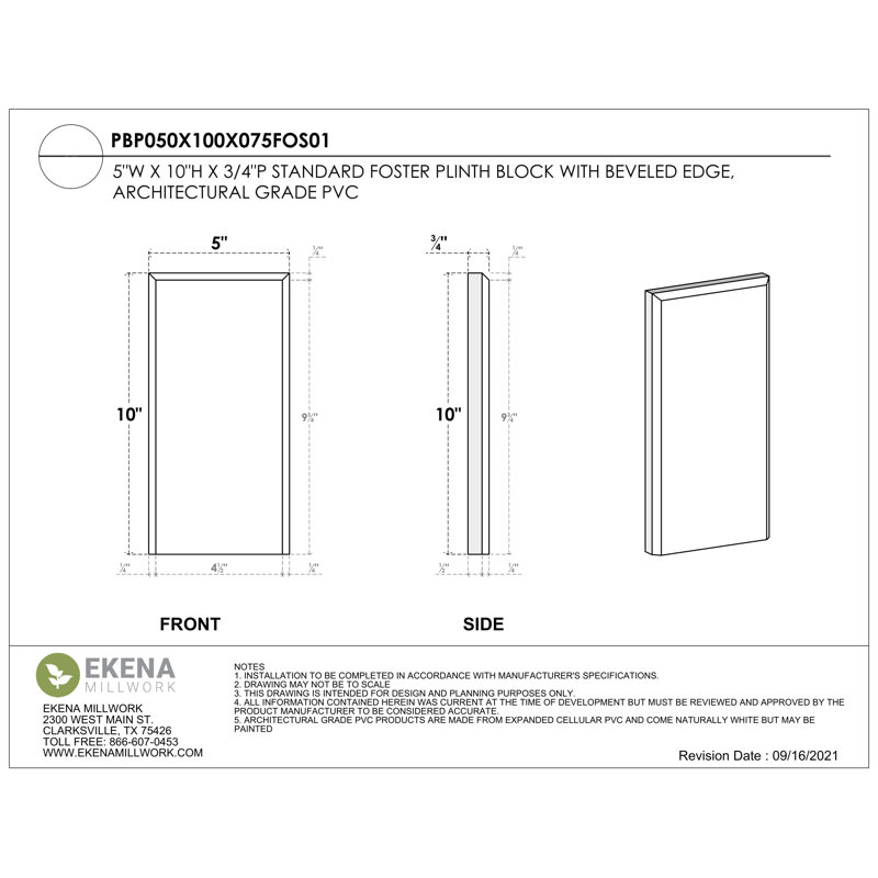 Bloc de socle standard avec bord biseauté l 5 po x H 10 po x P 3/4 po, H 10 po x l 5 po x p 0,75 po