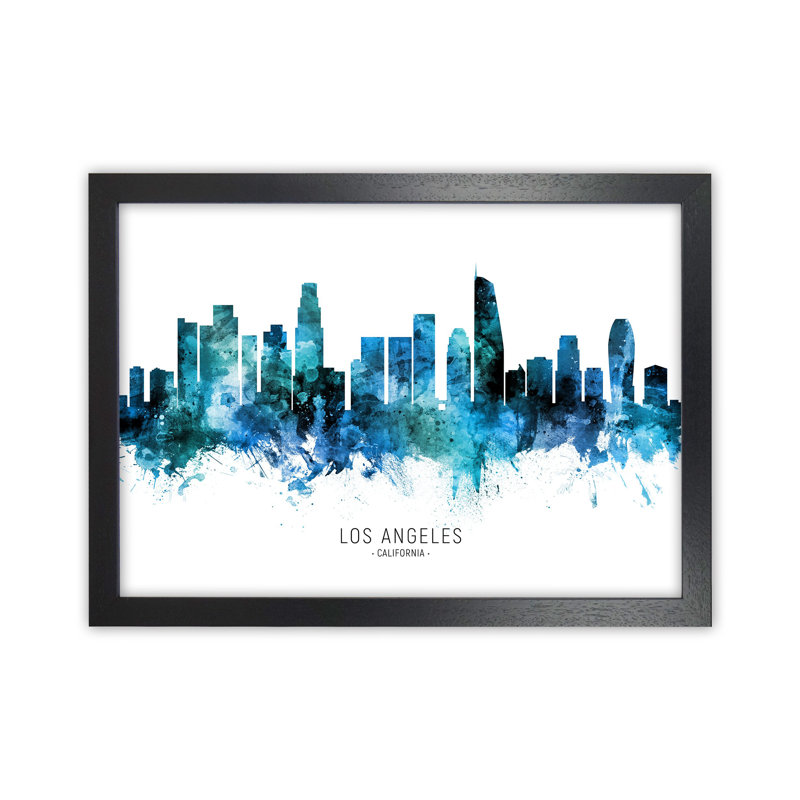 Los Angeles California Skyline Blue City Name by Michael Tompsett - Print, 25cm H x 34cm W x 3cm D, Black Framed