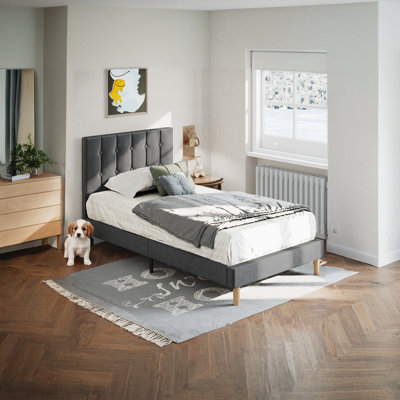 Structure de lit simple tapissier moderne 43,3 po avec tête de lit en velours capitonné Gurit, lit plateforme à profil bas avec lattes de bois robustes, aucun sommier tapissier requis, sans bruit