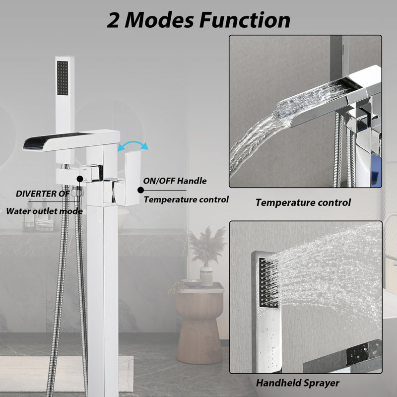 Freestanding Waterfall Tub Filler with Hand Shower, Chrome