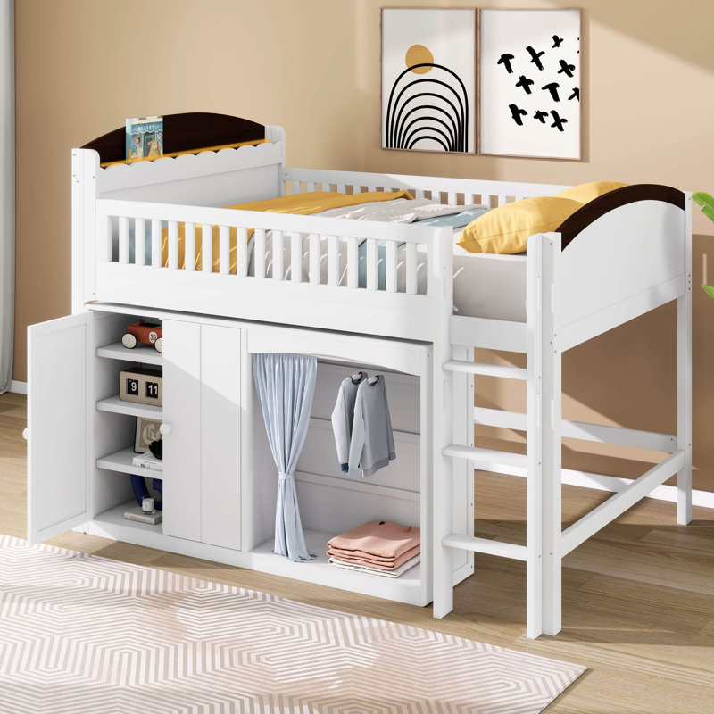 Lit mezzanine double avec armoire de rangement, garde-robe et DEL, lit mezzanine en bois massif avec échelle, garde-corps pour les adolescents