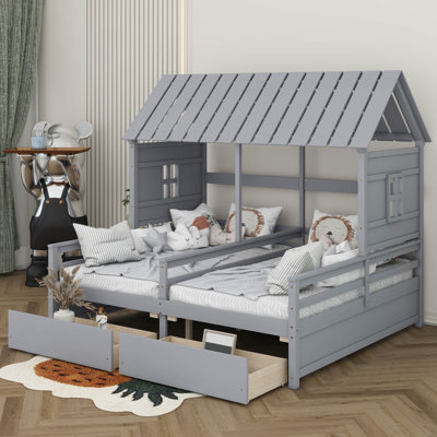 Twin House Platform Beds With Two Drawers For Boy And Girl Shared Beds, Combination Of 2 Side By Side Twin Size Beds