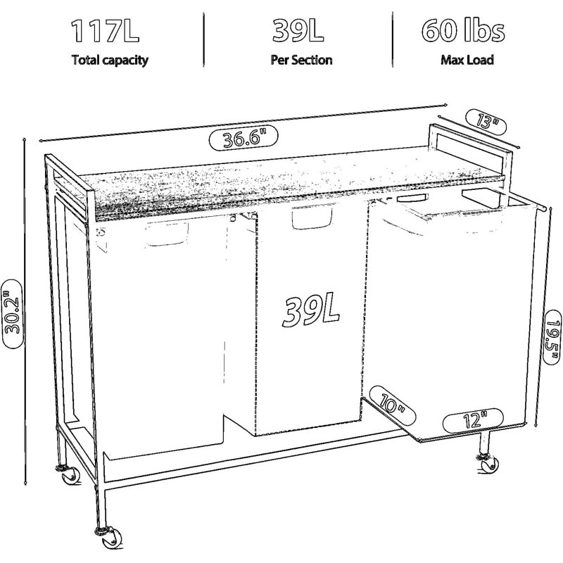 3-Section Rolling Laundry Sorter With Removable Bags And Storage Shelf, Heavy-Duty Metal Frame With Locking Wheels For Home Organization