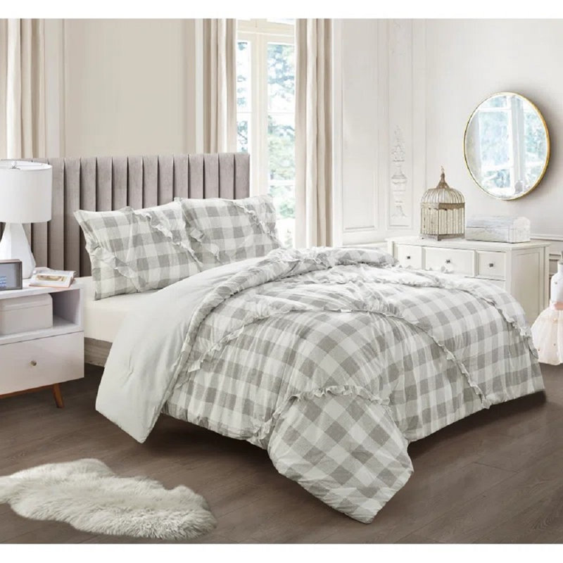 Ensemble d'édredon réversible  Ruffle, Édredon simple TG + 1 taie décorative, Gris
