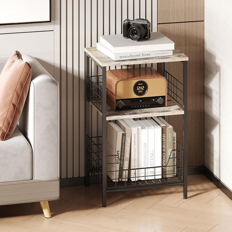 Table d'appoint, petit support de tourne-disque avec rangement, table de chevet en vinyle pour le salon, la chambre à coucher, le bureau (brevet en instance) (brun et noir)
