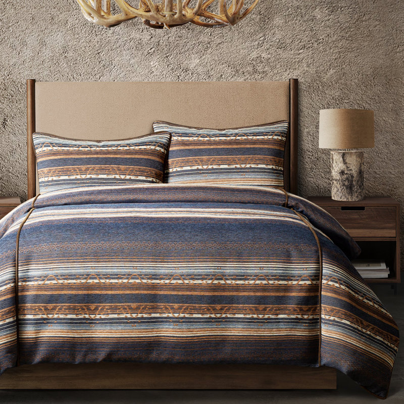 Estes Chenille Jacquard Striped Southwestern Lodge Duvet Cover Set, Queen Duvet Cover + 2 Standard Shams, Blue