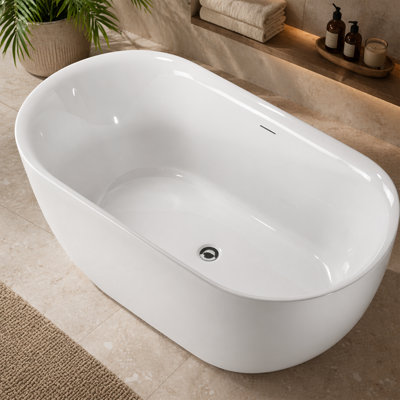 Baignoire autoportante moderne de 59 po en acrylique, baignoire profonde ovale carrée à fond plat avec trop-plein rainuré, plusieurs couleurs disponibles