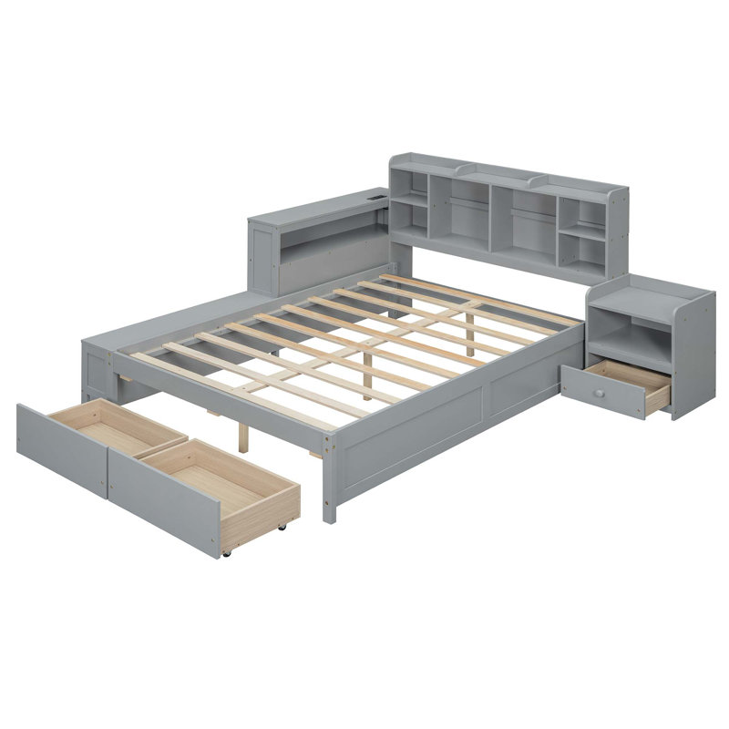 Lit plateforme en bois avec table de chevet multifonctionnelle et 2 tiroirs, Gris