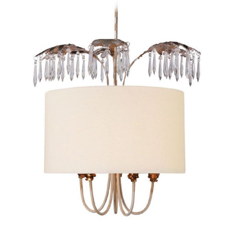 Antoinette Cream Linen and Glass 5-Light Drum Pendant with Distressed Gold and Silver Accents