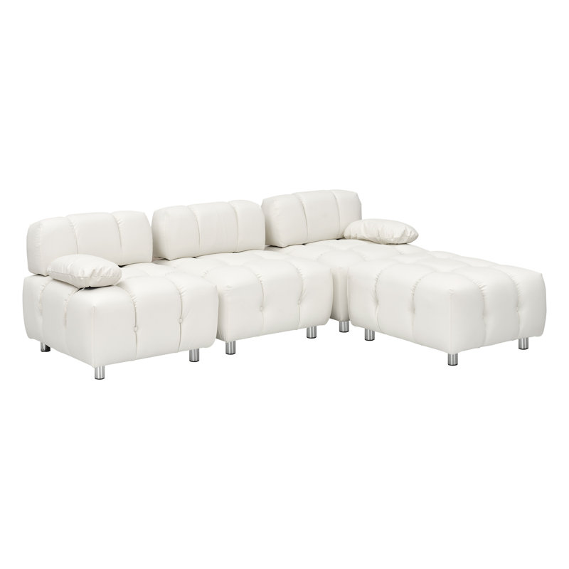 Canapé capitonné capitonné, Cuir blanc, H 27,56 po x l 89 po x P 33,46 po