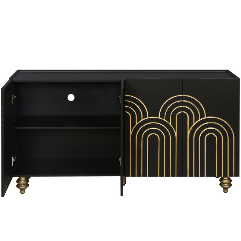 Modern Buffet Cabinet With Fluted Design - Black For Home Use 4 Doors, Adjustable Shelves, 4-Door Storage Sideboard Material