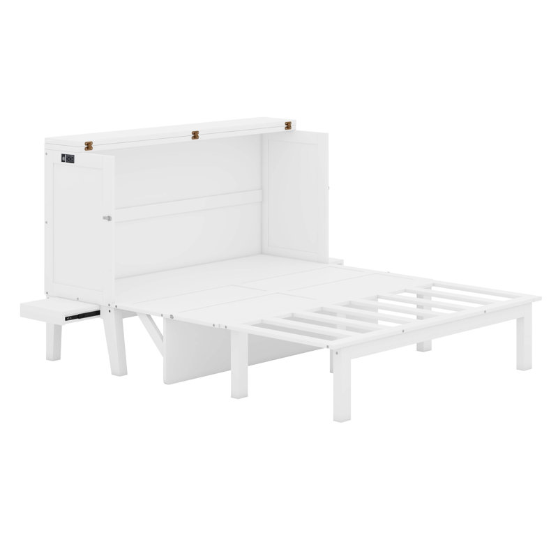 Lit escamotable avec port USB et tablettes amovibles, Blanc, Grand