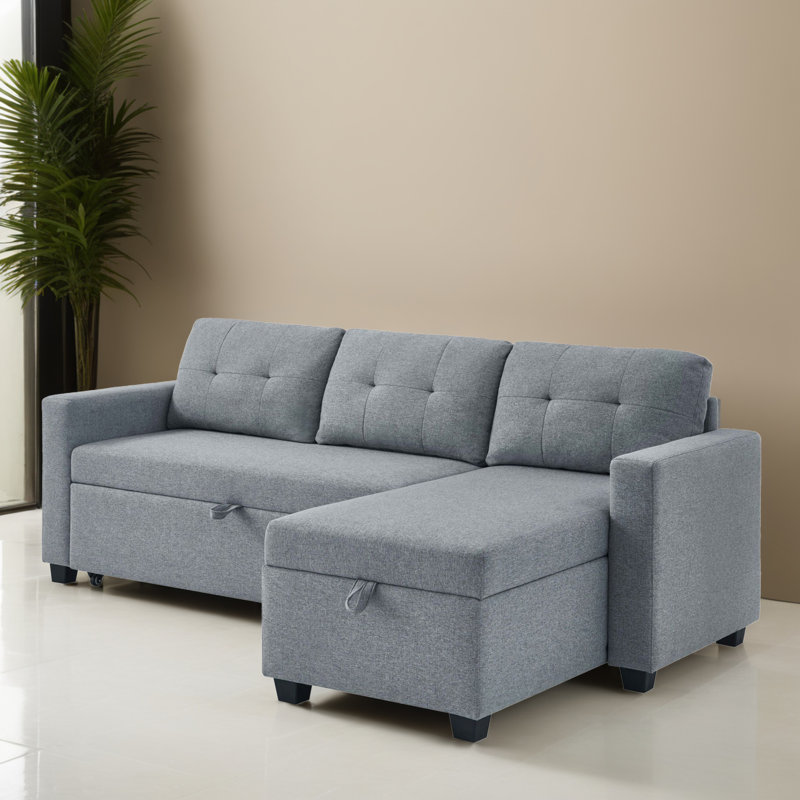 81.62" Pull Out Reversible Sleeper Sectional Sofa Bed with Storage Chaise, Light Gray Linen