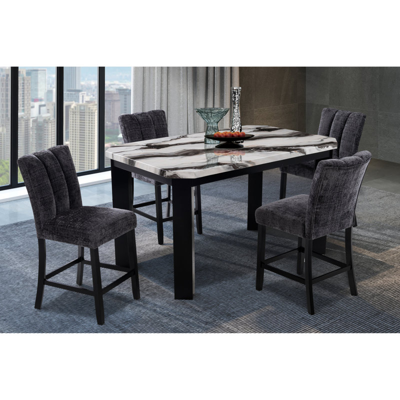 Table de bar rectangulaire gris foncé et chaise, longueur 60 po, base à 4 pieds, chaise rembourrée, tabouret de salle à manger moderne et gris, plateau, sièges 6
