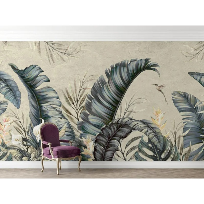 Élégant mur de nature botanique avec feuilles de palmier tropical, L 108 po x l 96 po