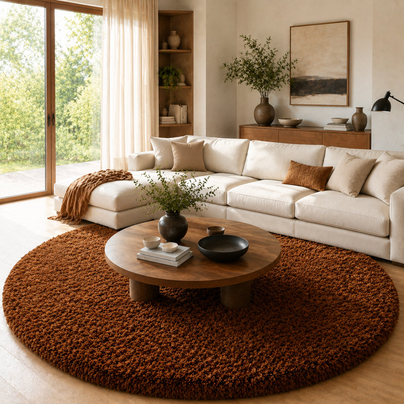 8x8 ft Coffee Round Rug for Bedroom Room Fluffy Circle Rug Furry Carpet Shaggy Circular Fuzzy Washable Non-Slip Large Area Rug Soft Indoor for Living Room Cute Aesthetic Home Decor
