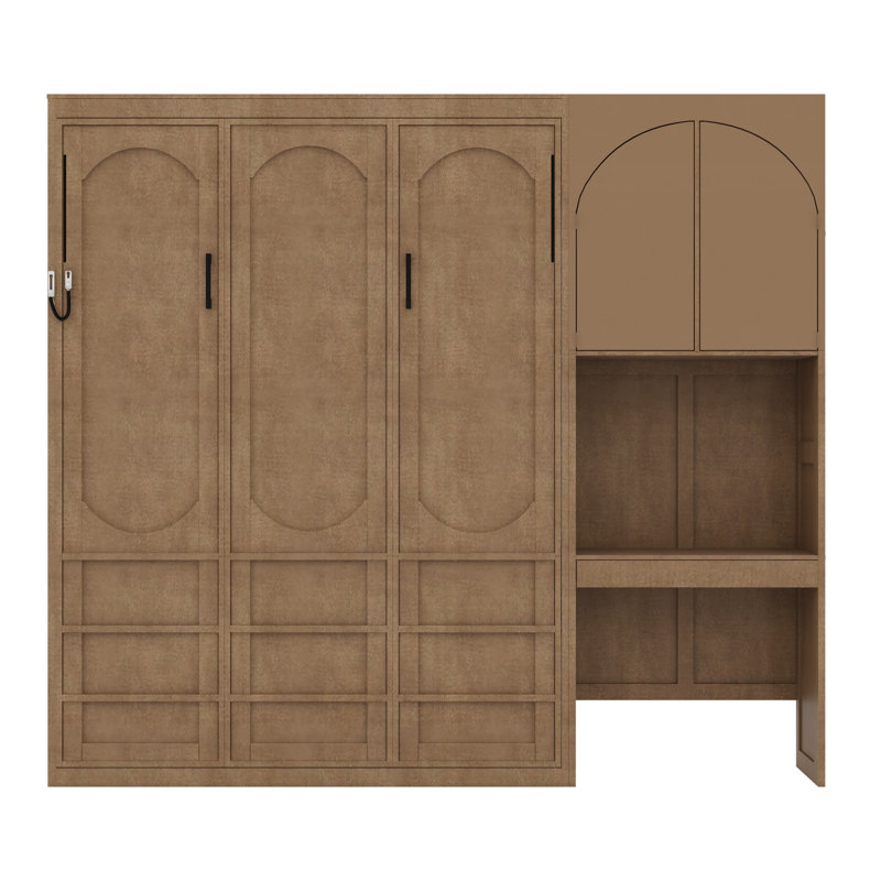 Lit escamotable moderne avec armoire latérale réversible, lumières DEL, tiroirs et armoires, Noyer